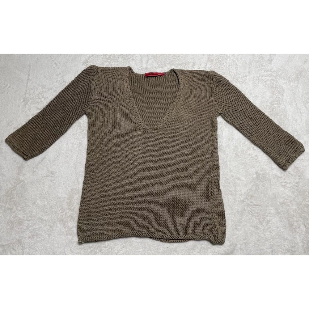 Hugo Boss Womens Sweater Medium Brown Open Knit Linen Blend 3/4 Sleeve Pullover